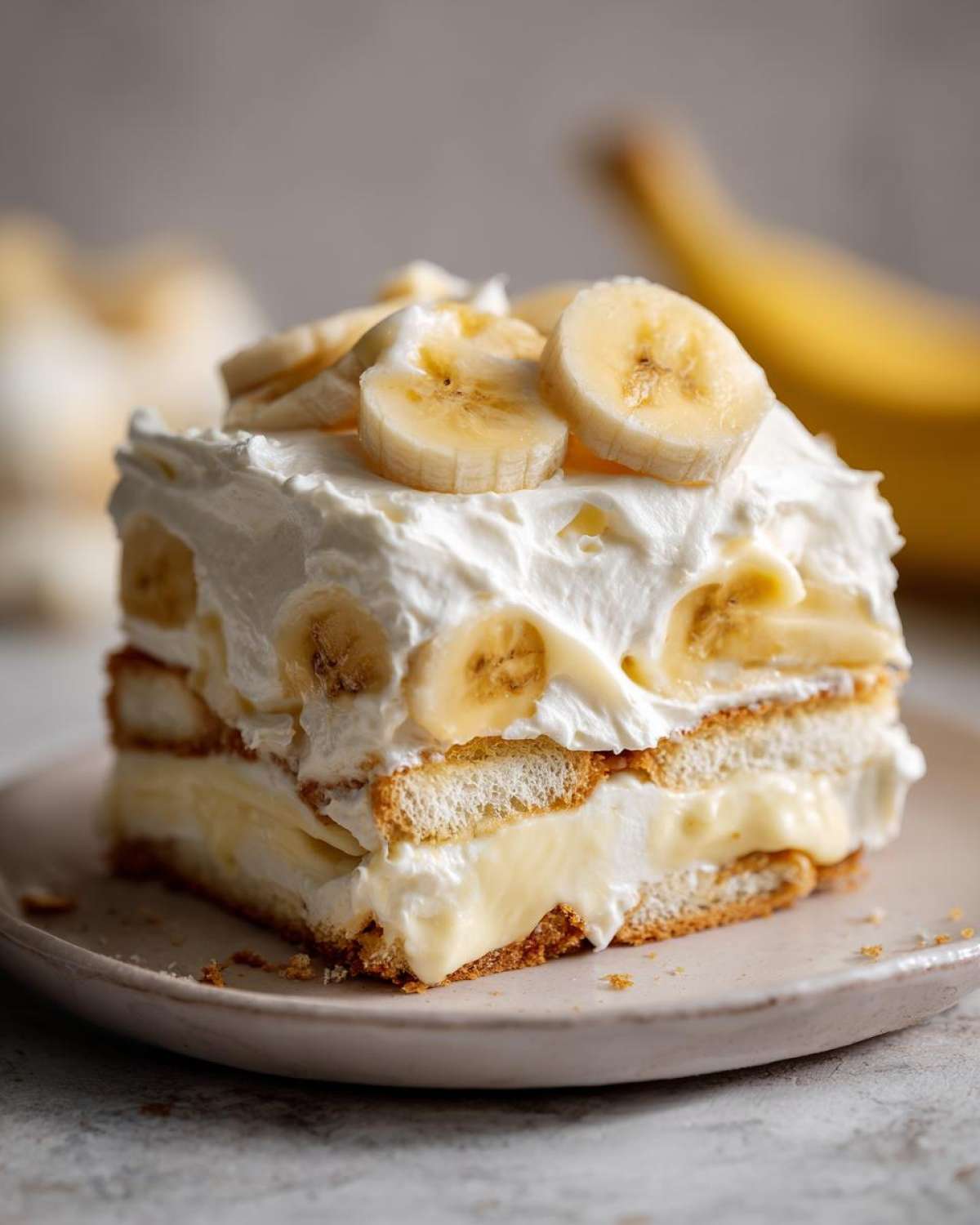 A decadent slice of ultimate banana pudding layered with vanilla wafers, custard, and topped with whipped cream and fresh banana slices.