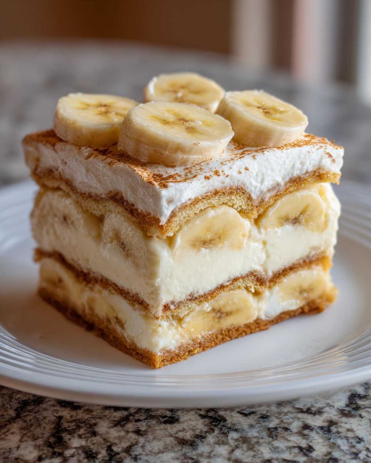 A layered slice of ultimate banana pudding dessert topped with whipped cream and banana slices.