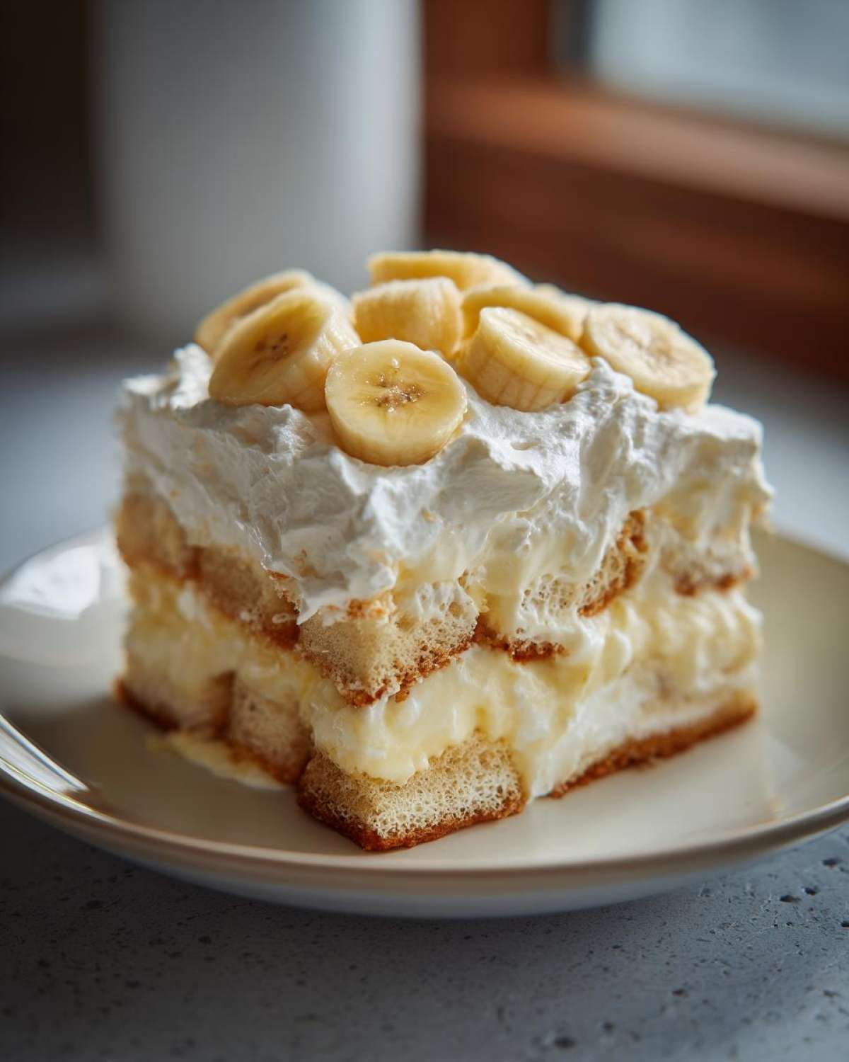 A decadent slice of ultimate banana pudding layered with vanilla wafers, creamy custard, and topped with whipped cream and fresh banana slices.