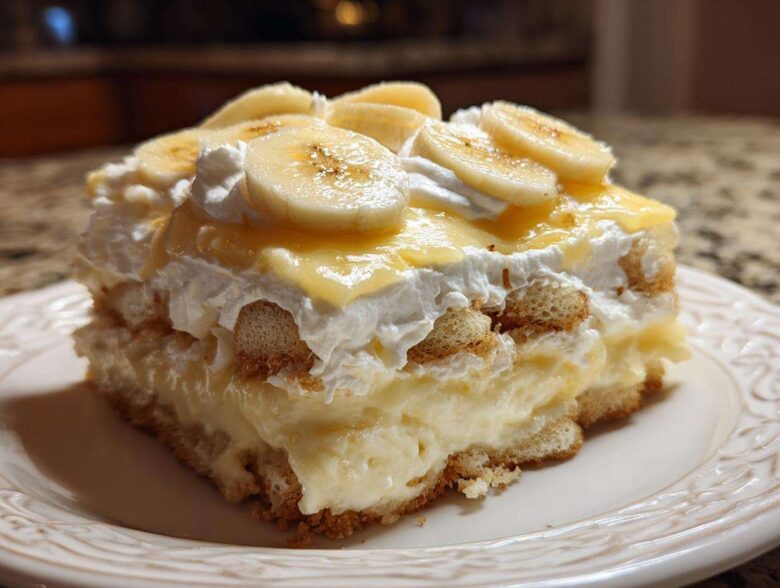 A rich, layered slice of ultimate banana pudding topped with whipped cream and fresh banana slices.