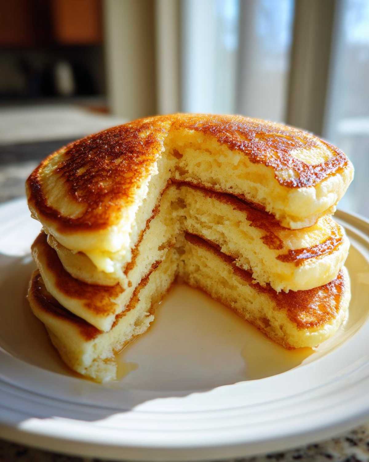 A stack of four incredibly fluffy pancakes, cut to show the airy interior, drizzled with syrup.
