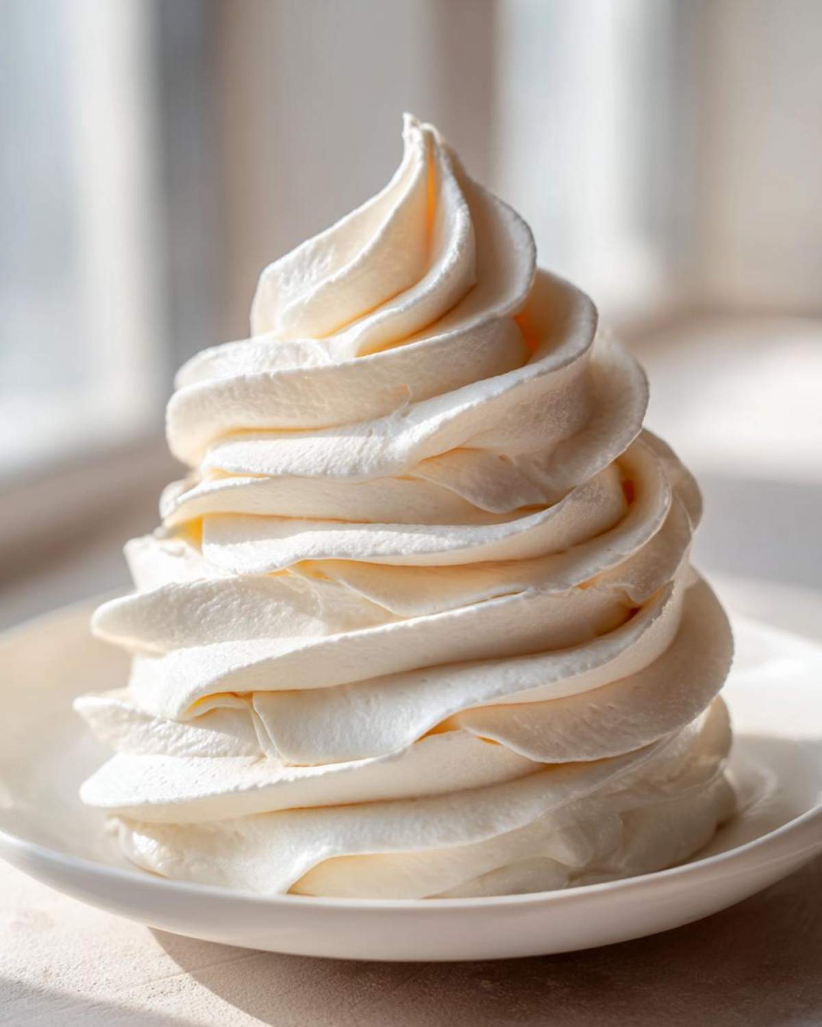 A tall, perfectly piped swirl of light, creamy vanilla buttercream frosting on a small white plate.