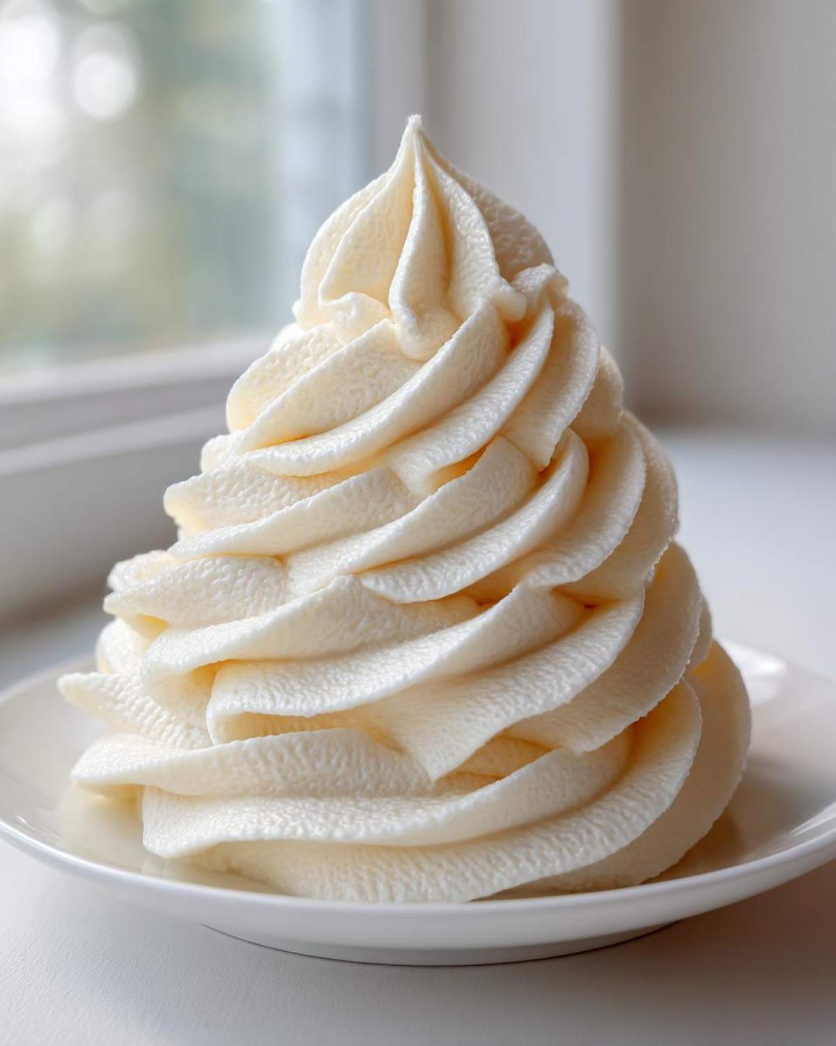 A tall, perfectly piped swirl of creamy vanilla buttercream frosting sitting on a small white plate.