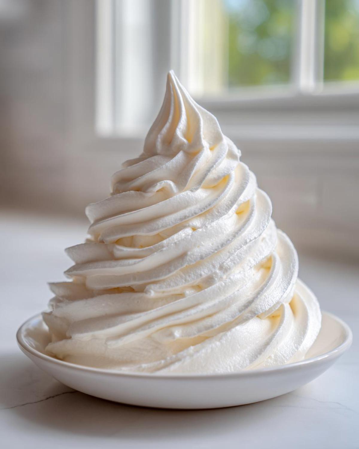 A tall, perfectly piped swirl of creamy white vanilla buttercream frosting in a small white bowl.