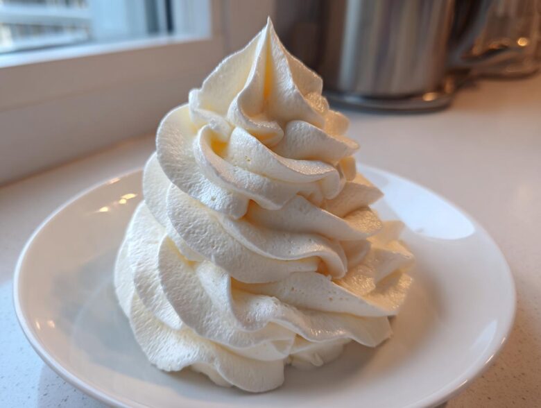 A tall, perfectly piped swirl of creamy white vanilla buttercream frosting sitting on a small white saucer.