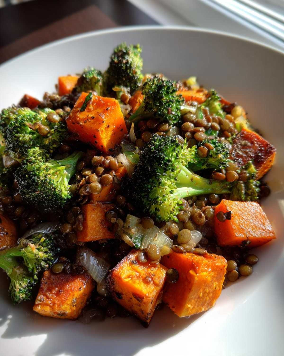 Close-up of a bowl featuring a hearty veggie lentil salad with roasted sweet potato cubes and bright green broccoli florets.