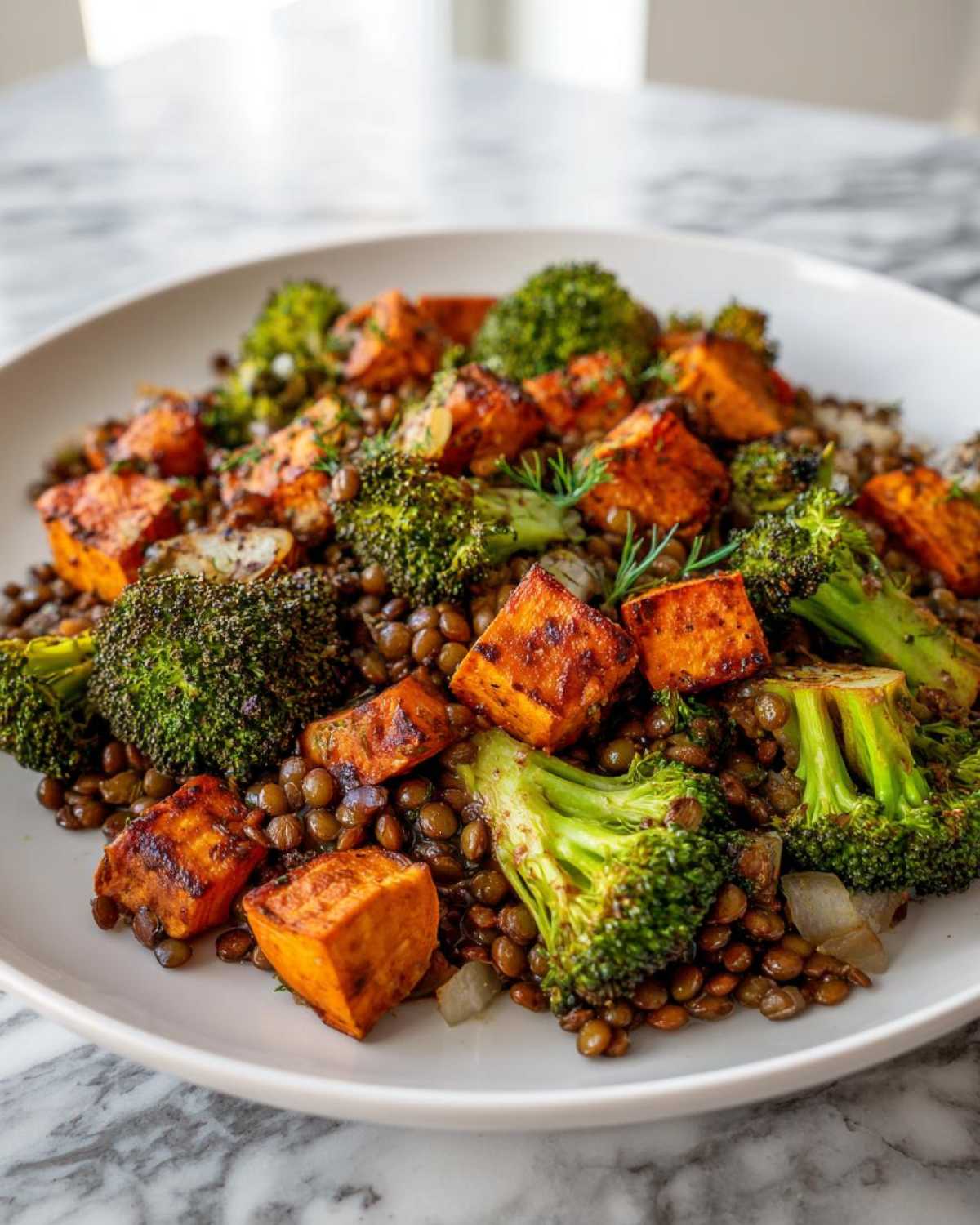 Close-up of a hearty veggie lentil salad featuring roasted sweet potatoes, charred broccoli florets, and lentils.