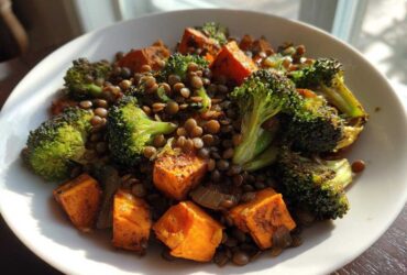 A close-up of a bowl featuring a hearty veggie lentil salad mix with roasted sweet potatoes and broccoli florets.