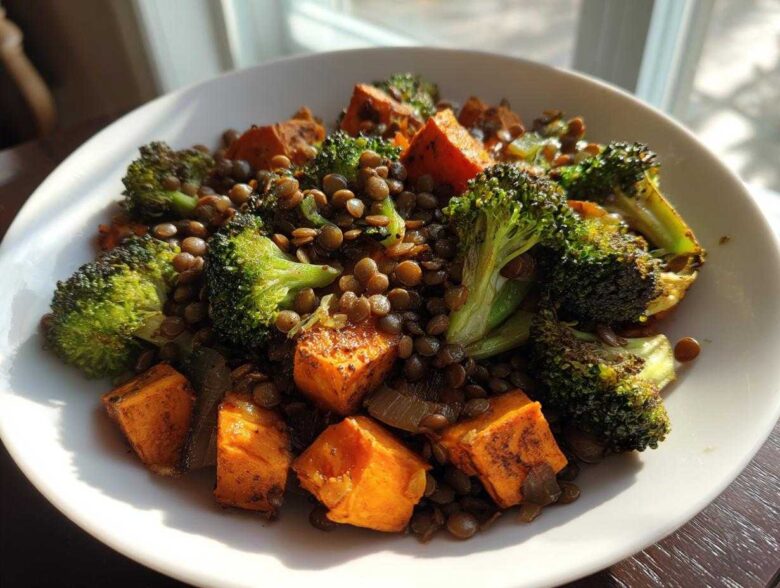 A close-up of a bowl featuring a hearty veggie lentil salad mix with roasted sweet potatoes and broccoli florets.