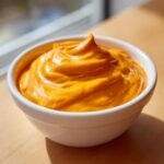 A close-up of thick, bright orange nacho cheese sauce swirled high in a small white bowl.
