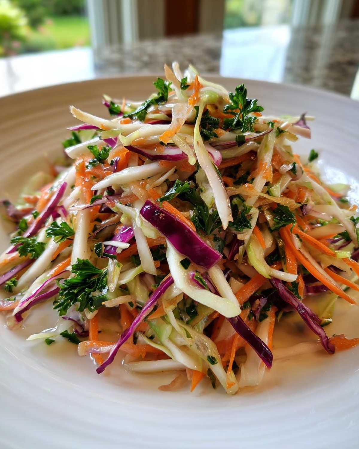 Close-up of a fresh, colorful cabbage salad featuring shredded green and red cabbage, carrots, and parsley.