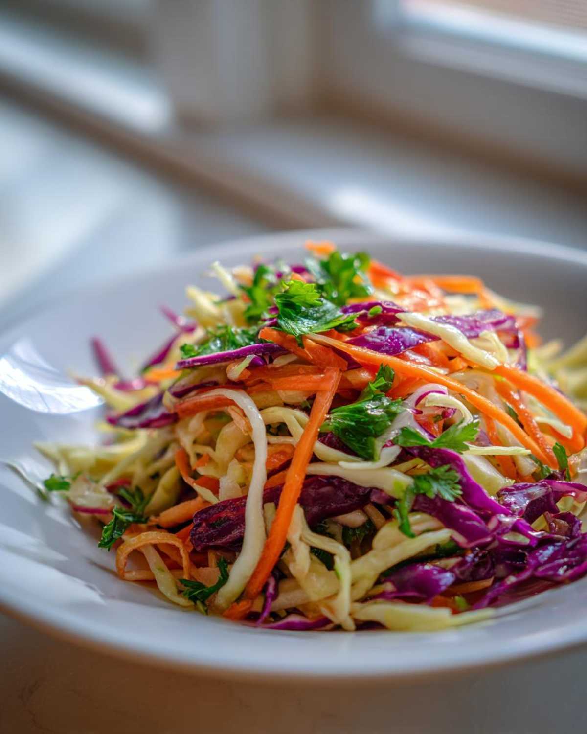 Close-up of a fresh, colorful cabbage salad featuring shredded white and purple cabbage, bright orange carrots, and green herbs.