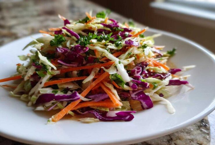 A vibrant mound of freshly prepared cabbage salad featuring shredded white and purple cabbage, carrots, and parsley garnish.