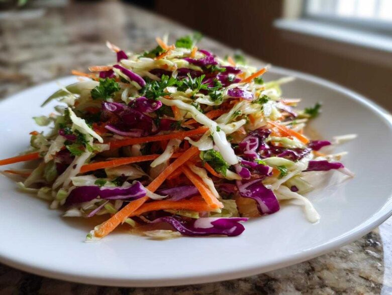 A vibrant mound of freshly prepared cabbage salad featuring shredded white and purple cabbage, carrots, and parsley garnish.
