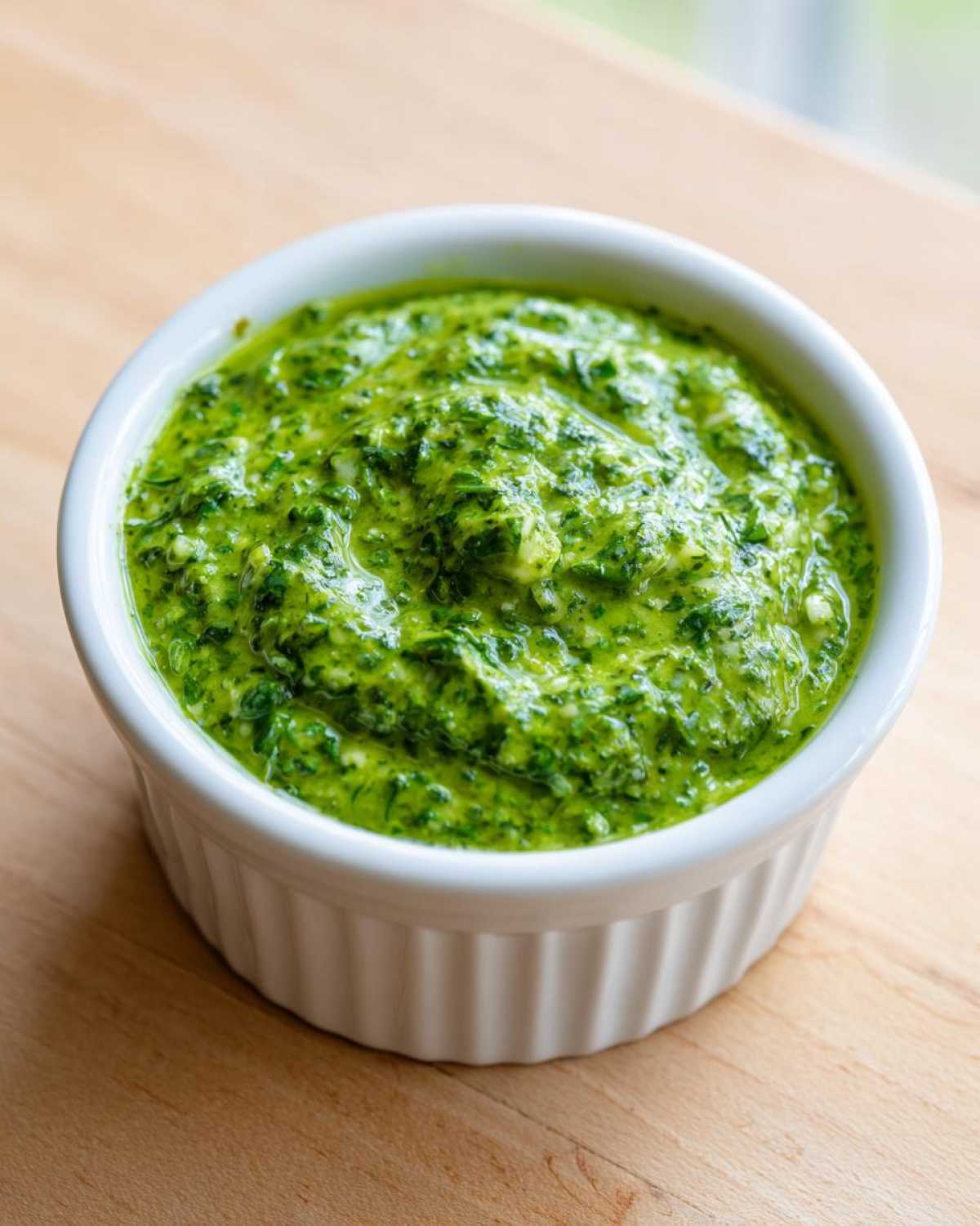 Close-up of vibrant green cilantro lime sauce texture served in a small white ramekin on a wooden surface.