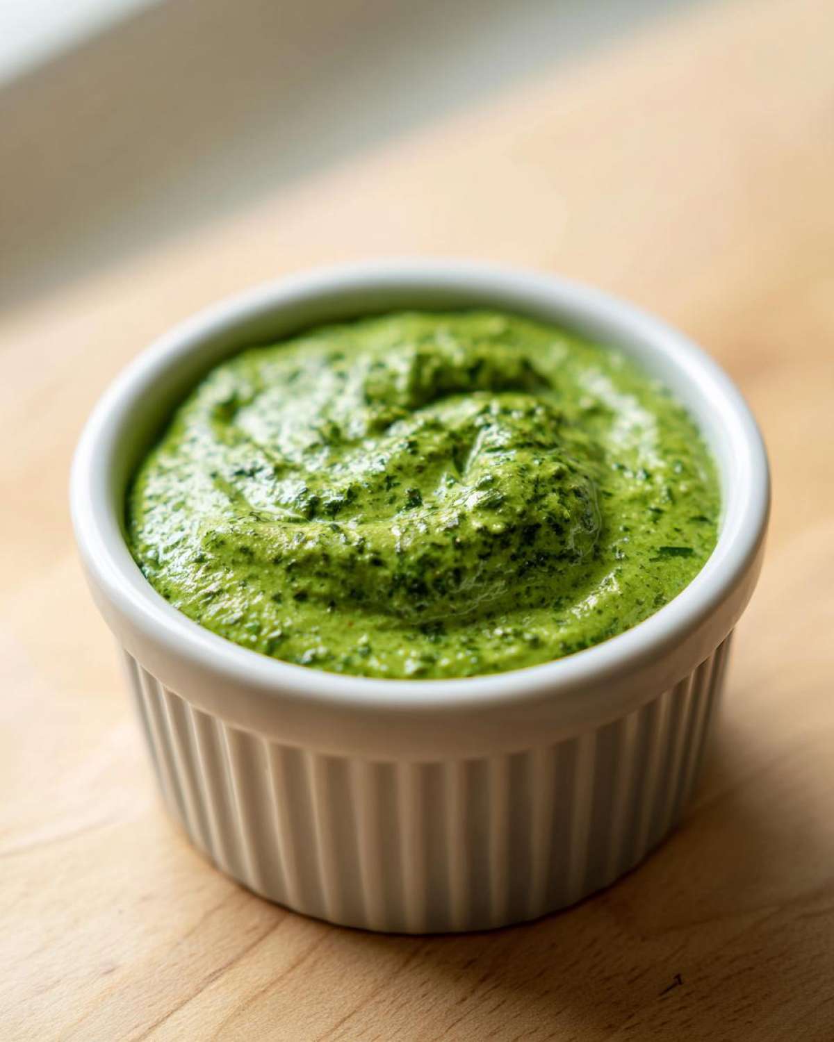 Close-up of a small white ramekin filled with bright green, textured cilantro lime sauce.