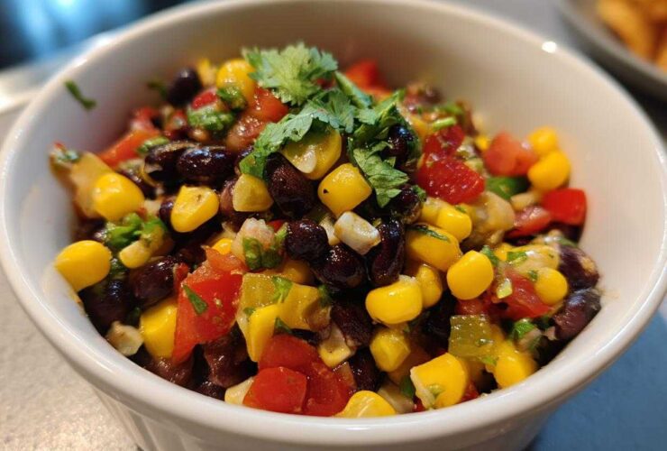 Close-up of colorful cowboy caviar dip featuring black beans, corn, tomatoes, and cilantro in a white serving bowl.