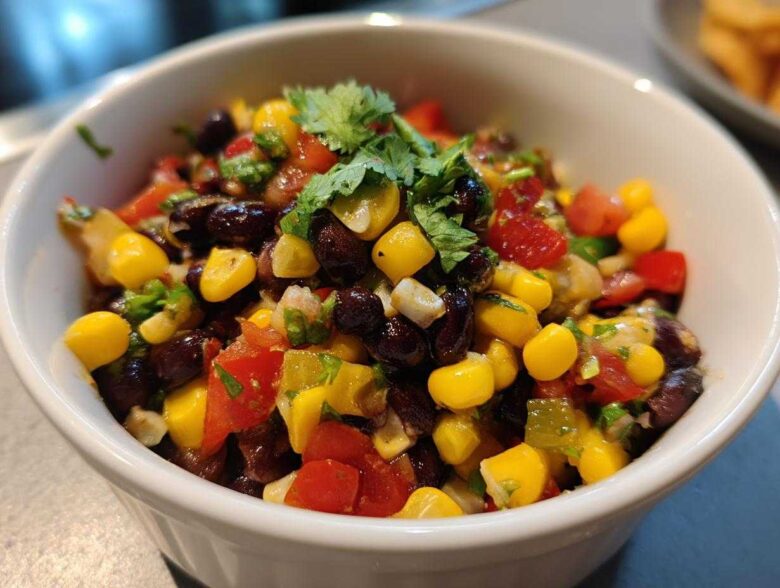Close-up of colorful cowboy caviar dip featuring black beans, corn, tomatoes, and cilantro in a white serving bowl.