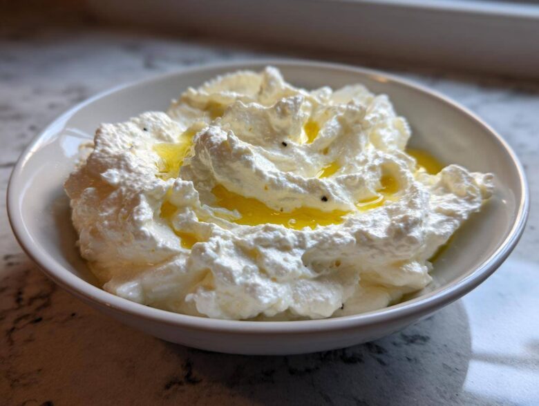 A close-up of creamy, fluffy whipped feta dip topped with golden olive oil in a white bowl.