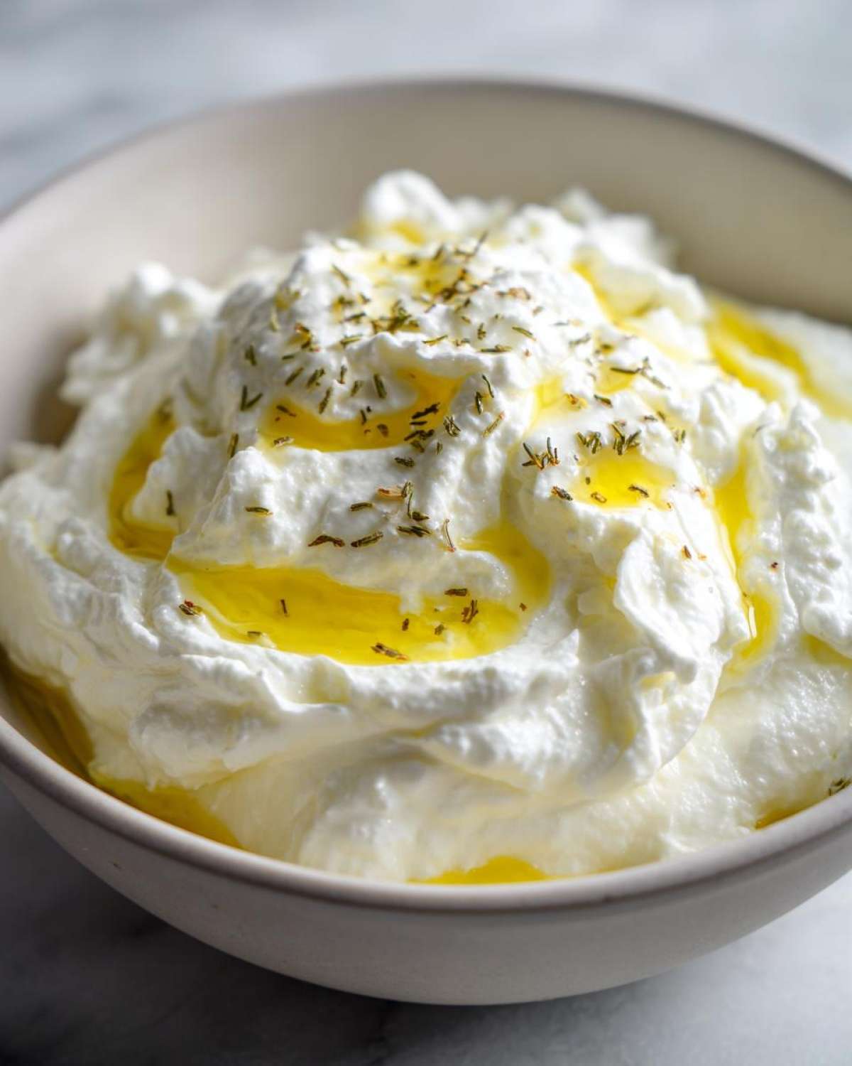 Close-up of creamy whipped feta dip in a bowl, drizzled with golden olive oil and sprinkled with dried herbs.