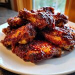 A close-up pile of sticky, glazed Air Fryer BBQ Chicken Wings on a white plate.