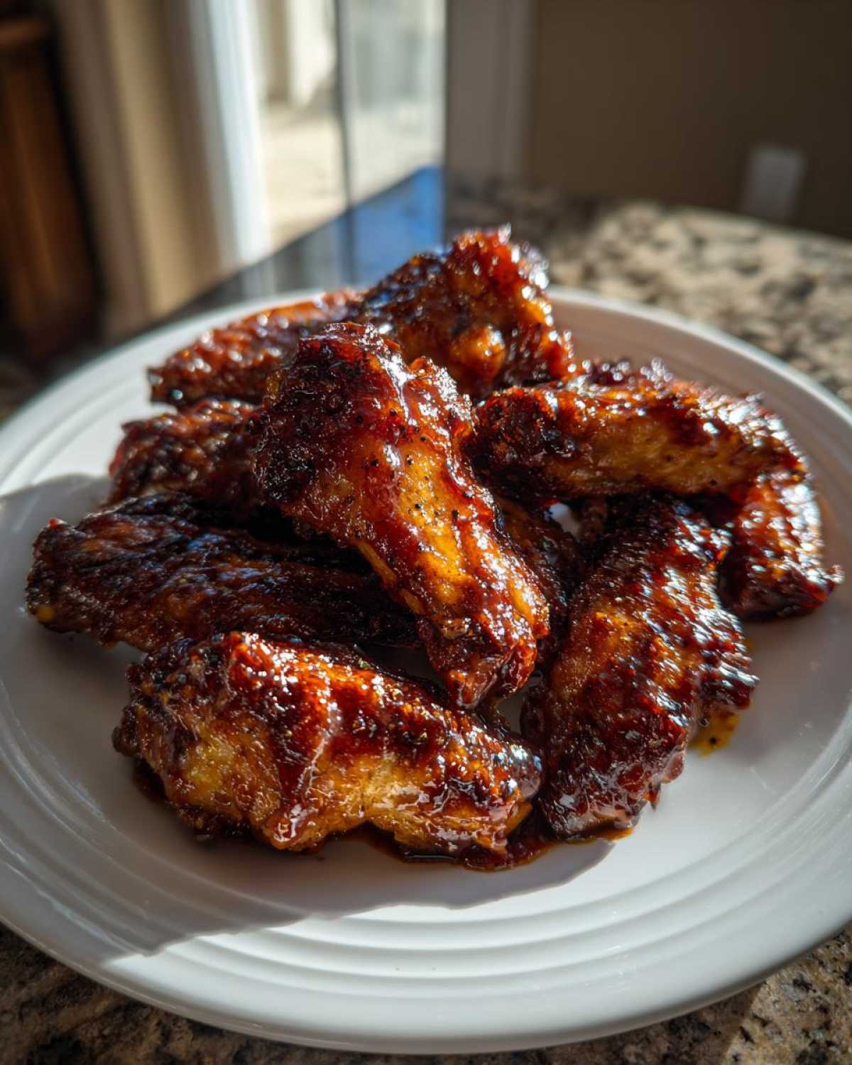 A pile of glistening, saucy Air Fryer BBQ Chicken Wings coated in dark BBQ sauce on a white plate.