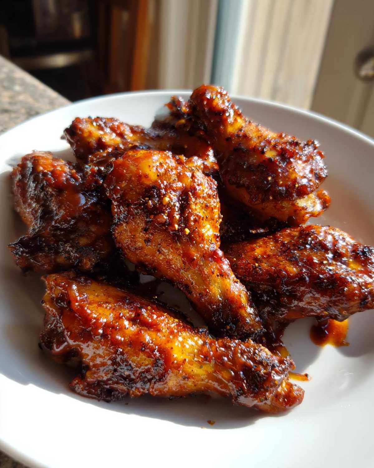 Close-up of several glossy, saucy Air Fryer BBQ Chicken Wings piled on a white plate.