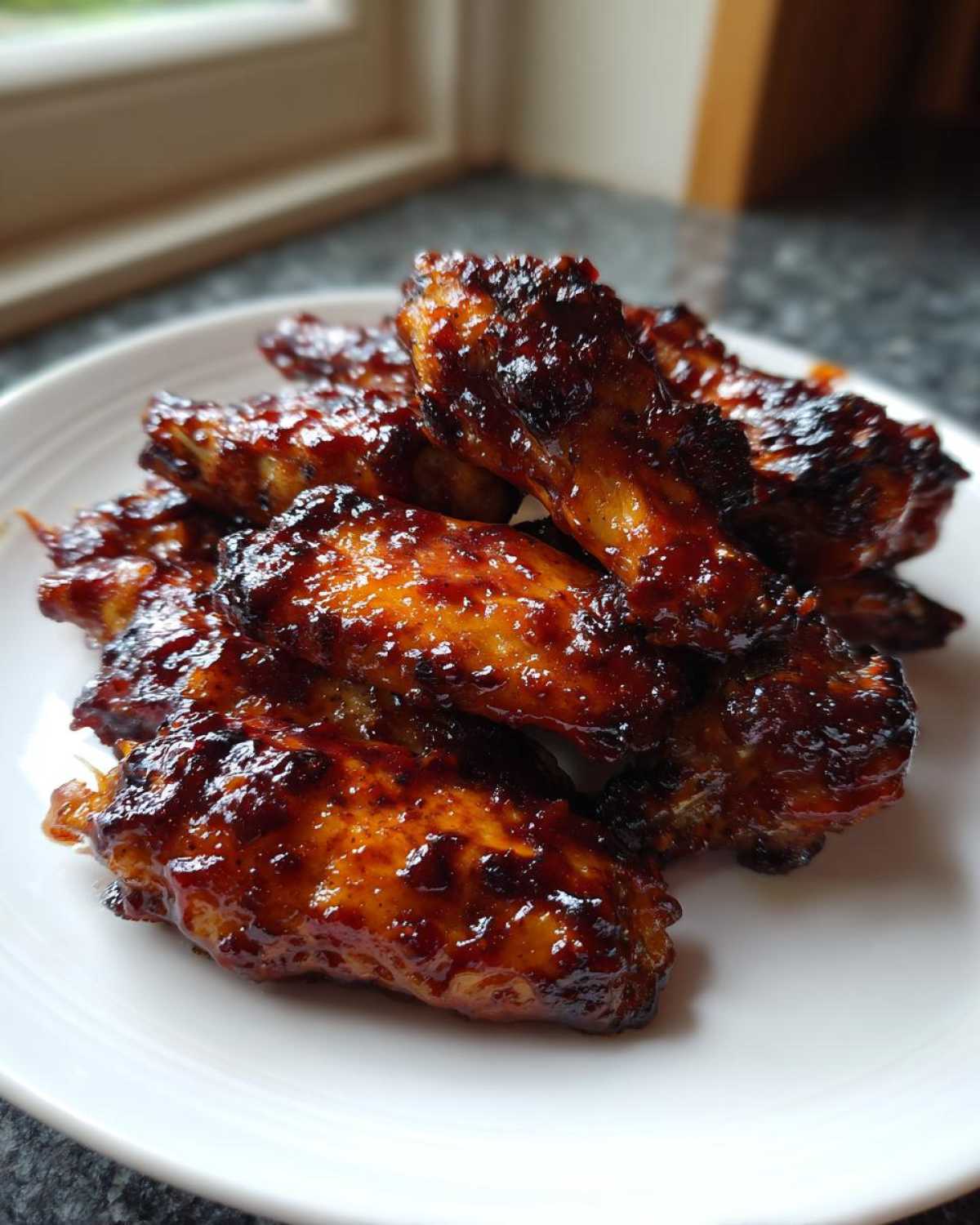 A close-up of sticky, caramelized Air Fryer BBQ Chicken Wings piled on a white plate.
