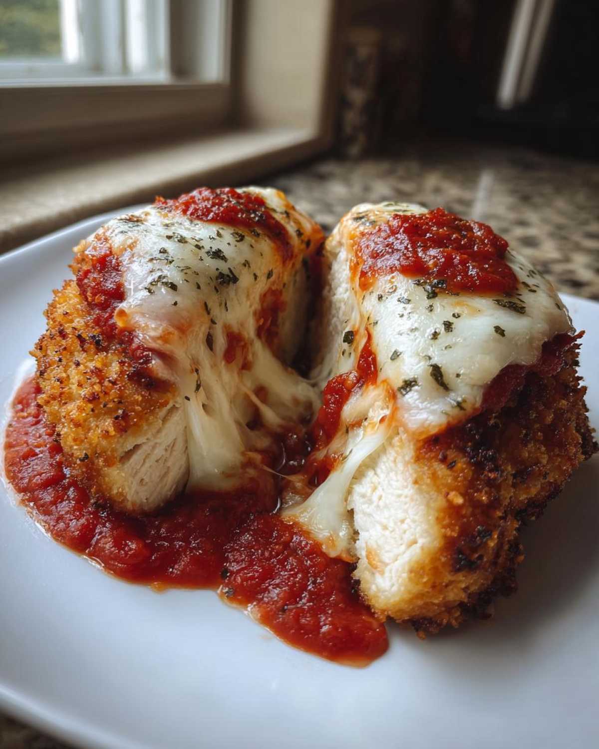 Cross-section of Air Fryer Chicken Parmesan showing melted mozzarella cheese and marinara sauce.