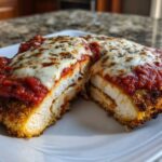 Close-up of Air Fryer Chicken Parmesan cut in half, showing crispy breading, white chicken breast, marinara sauce, and melted mozzarella.