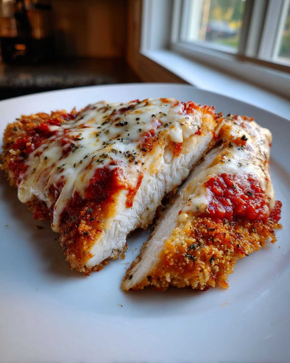 Two slices of juicy Air Fryer Chicken Parmesan showing the white interior, topped with melted mozzarella and marinara sauce.
