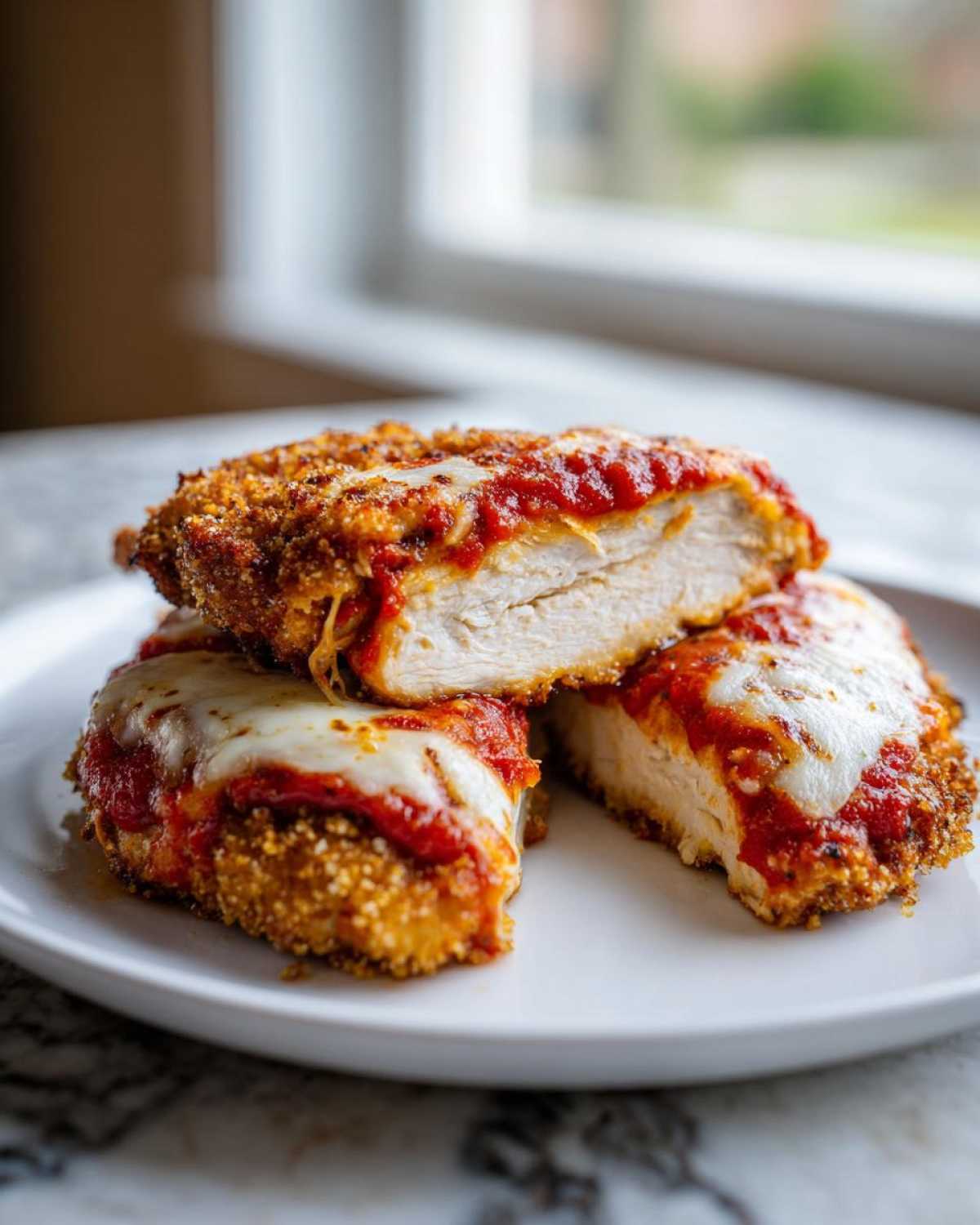 Three pieces of perfectly cooked Air Fryer Chicken Parmesan, showing the crispy breading, juicy white meat, and melted mozzarella cheese.