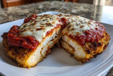 Close-up of Air Fryer Chicken Parmesan cut in half, showing crispy breading, white chicken breast, marinara sauce, and melted mozzarella.