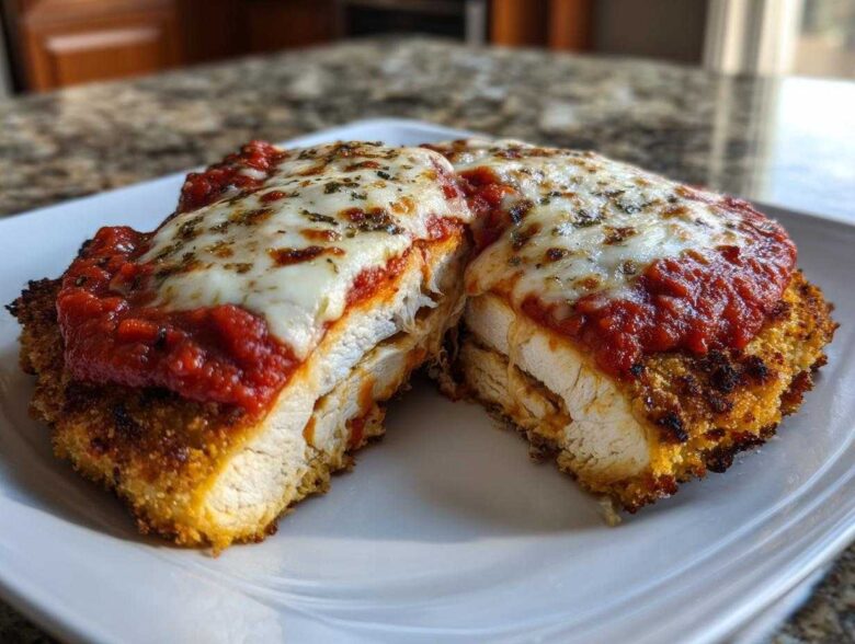 Close-up of Air Fryer Chicken Parmesan cut in half, showing crispy breading, white chicken breast, marinara sauce, and melted mozzarella.