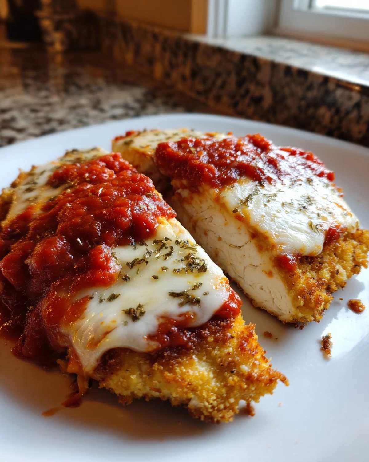 Close-up of two slices of Air Fryer Chicken Parmesan topped with melted mozzarella and marinara sauce.