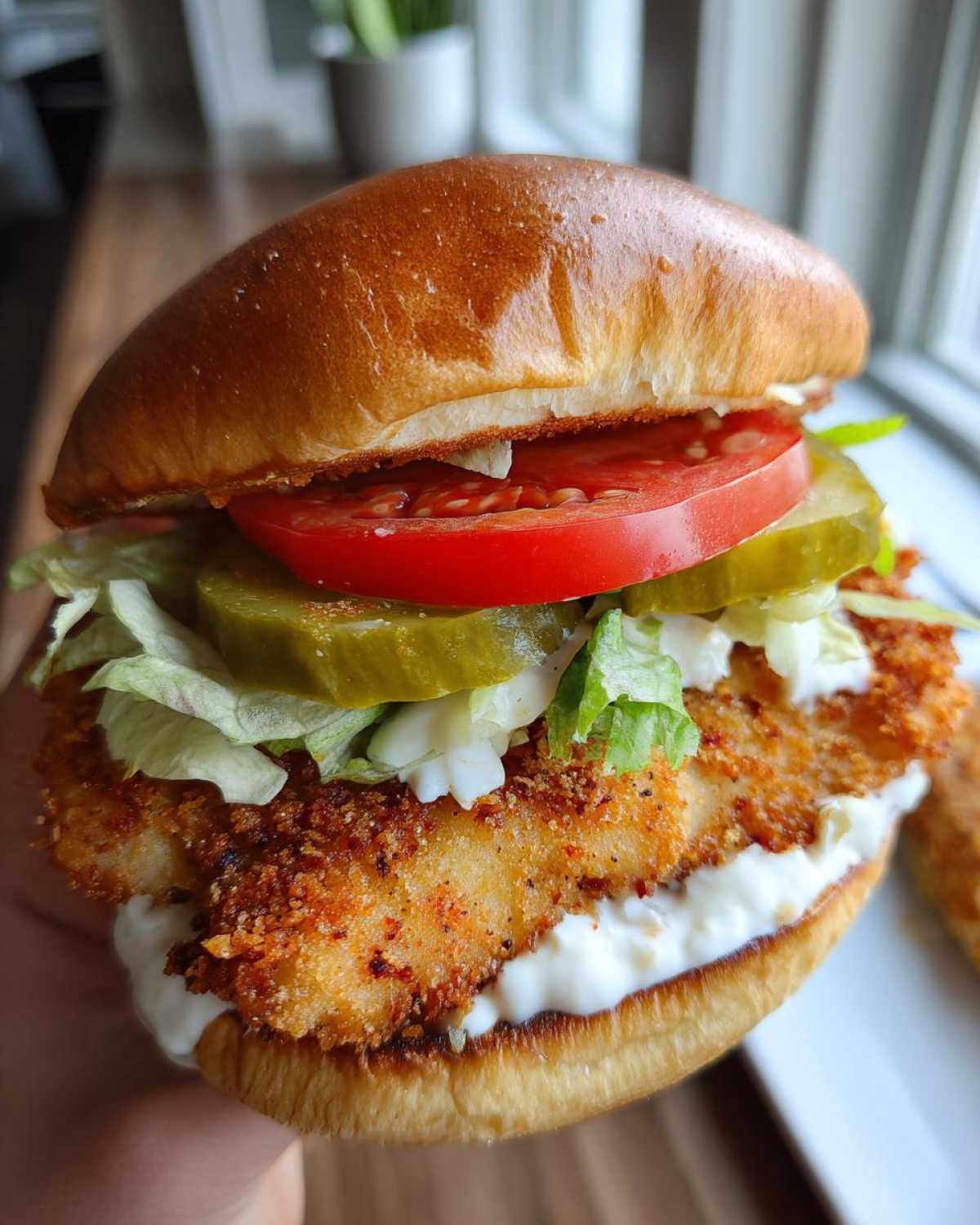 Close-up of a perfectly assembled Air Fryer Crispy Fish Sandwich featuring a golden breaded fillet, tartar sauce, lettuce, tomato, and pickles.