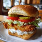 A fully assembled Air Fryer Crispy Fish Sandwich featuring a golden fried fillet, lettuce, tomato, pickles, and tartar sauce on a bun.