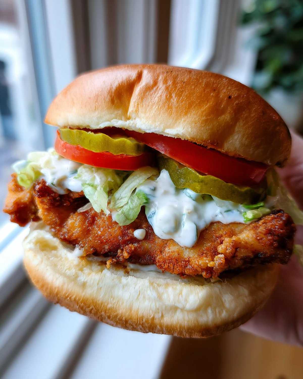 A close-up view of an Air Fryer Crispy Fish Sandwich stacked high with tartar sauce, lettuce, tomato, and pickles on a brioche bun.