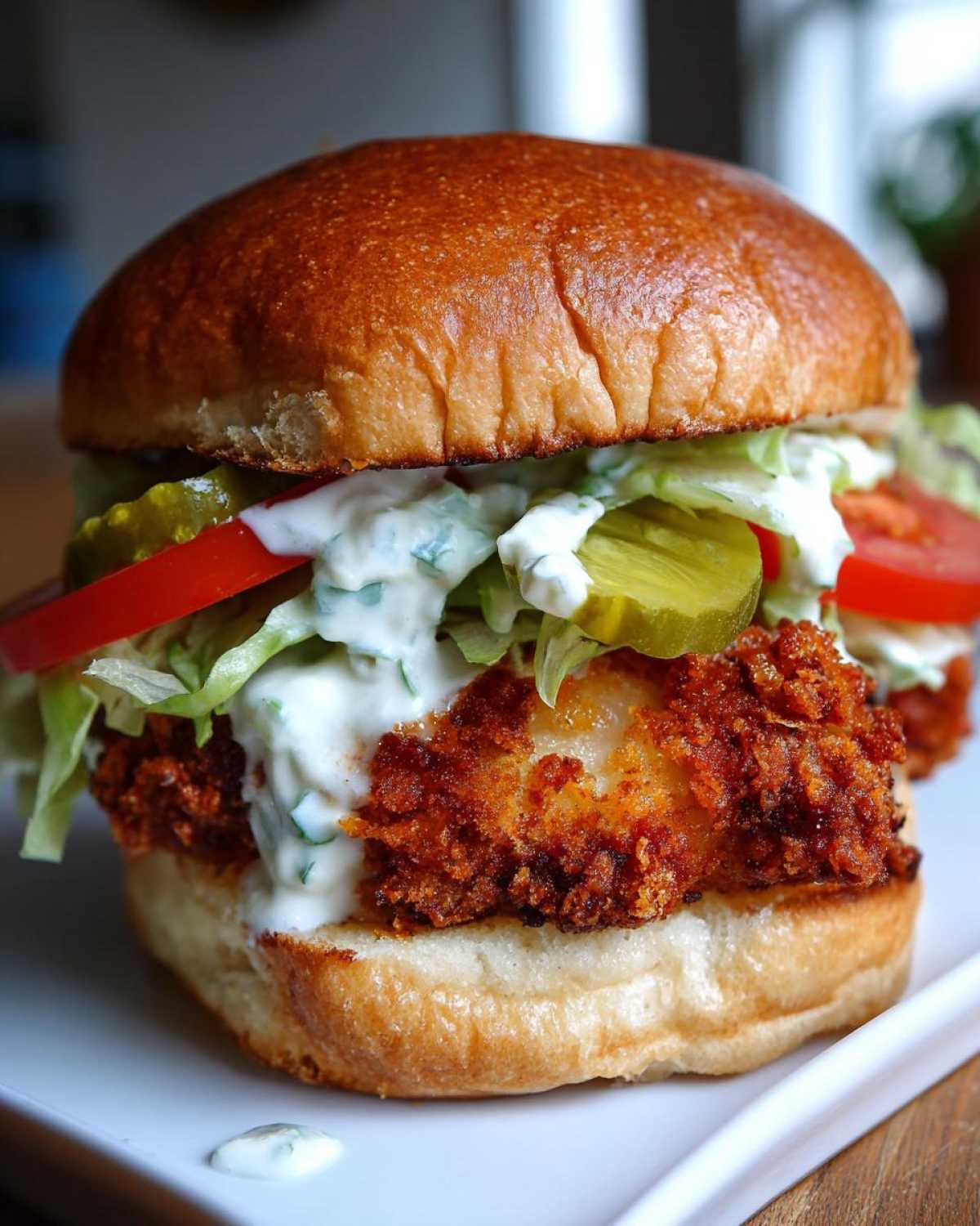 Close-up of an Air Fryer Crispy Fish Sandwich featuring a golden bun, crispy fish fillet, lettuce, tomato, pickles, and creamy tartar sauce.