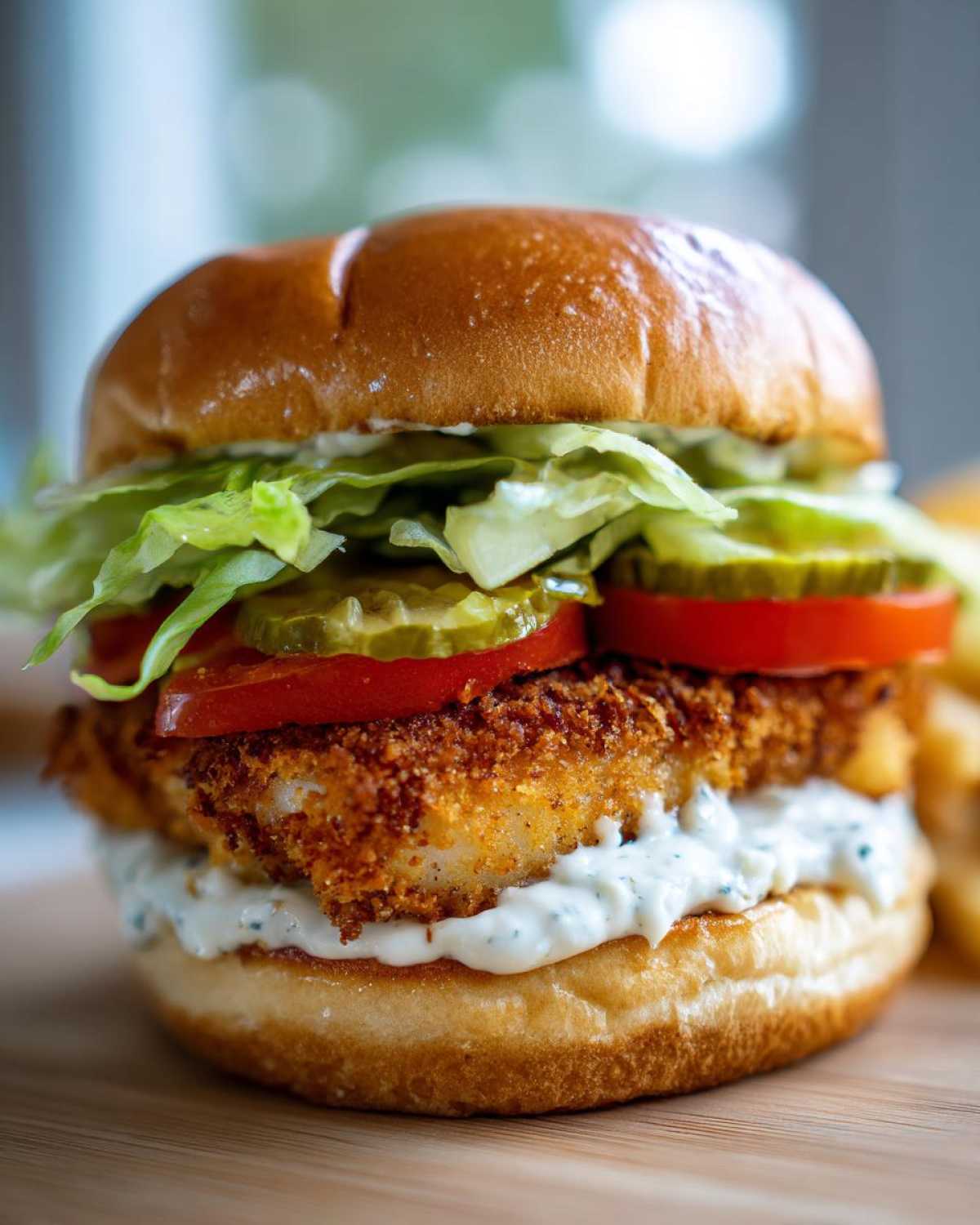 A close-up of an Air Fryer Crispy Fish Sandwich featuring a golden, breaded fillet and generous tartar sauce.
