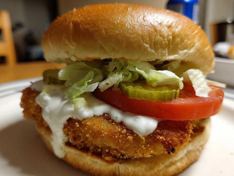 Close-up of an Air Fryer Crispy Fish Sandwich featuring a golden fried fillet, tartar sauce, tomato, lettuce, and pickles on a bun.