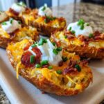 Close-up of Air Fryer Crispy Potato Skins loaded with cheese, bacon, sour cream, and chives.
