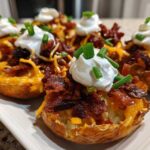 Close-up of several Air Fryer Crispy Potato Skins loaded with melted cheddar, bacon bits, sour cream, and chives.