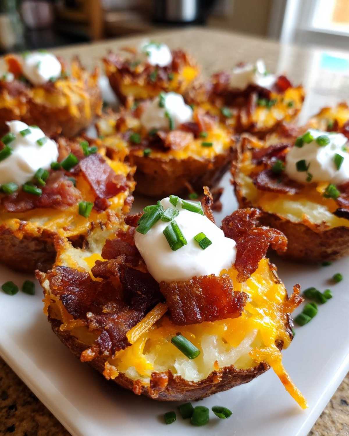 Close-up of several Air Fryer Crispy Potato Skins topped with melted cheddar, bacon bits, sour cream, and chives.
