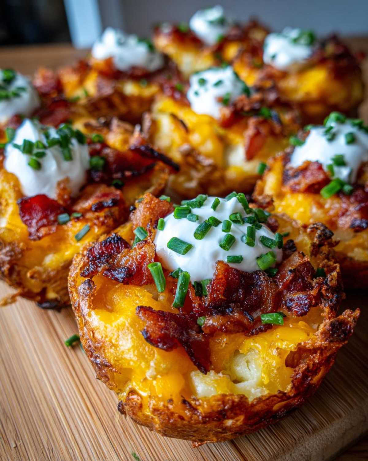 Close-up of several Air Fryer Crispy Potato Skins loaded with melted cheese, bacon bits, sour cream, and chives.