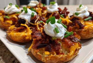 Close-up of several Air Fryer Crispy Potato Skins loaded with melted cheddar, bacon bits, sour cream, and chives.