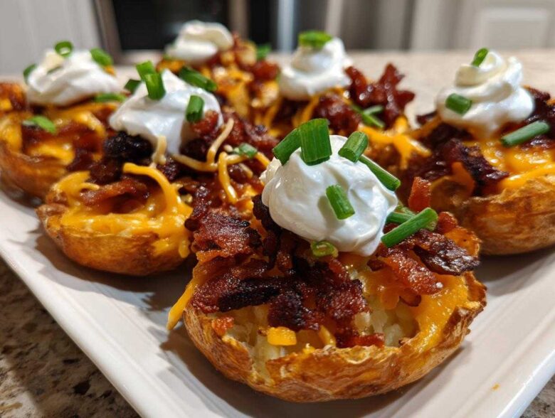 Close-up of several Air Fryer Crispy Potato Skins loaded with melted cheddar, bacon bits, sour cream, and chives.