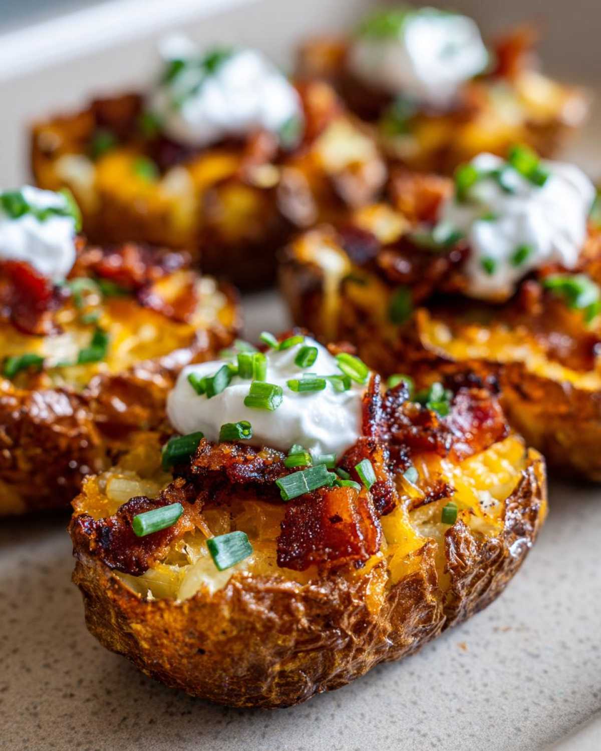 Close-up of perfectly cooked Air Fryer Crispy Potato Skins topped with cheese, bacon, sour cream, and chives.