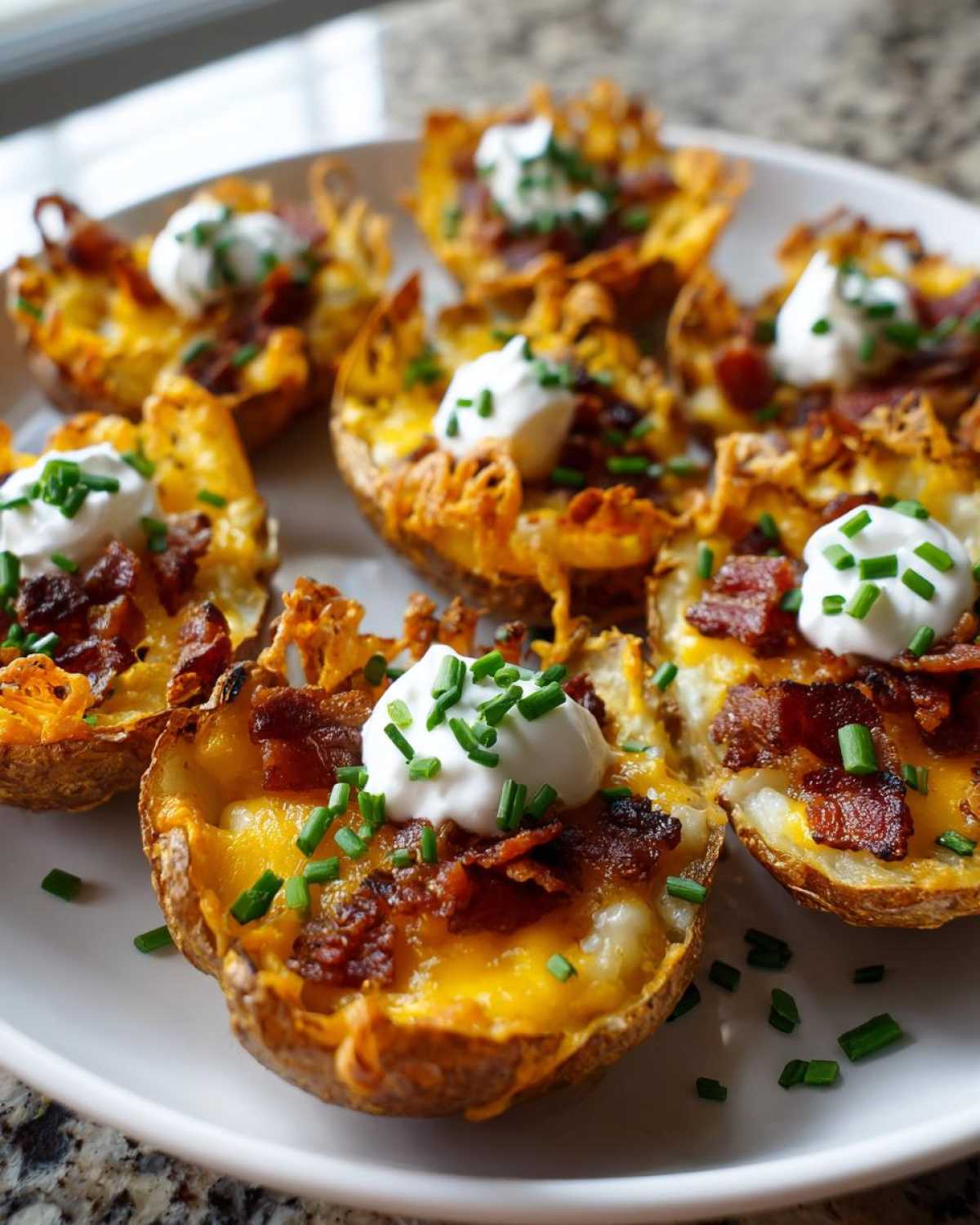 Close-up of several Air Fryer Crispy Potato Skins topped with melted cheddar, bacon bits, sour cream, and chives on a white plate.