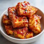 Close-up of golden, crispy tofu cubes coated in a shiny sweet chili glaze, served in a small white bowl.